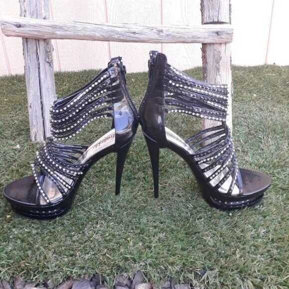 Fredericks Platform Studded Rhinestone Strappy Ankle Wrap Stiletto Heels Sz 8 - Picture 3 of 8